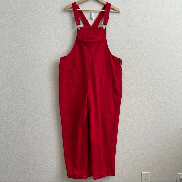 BIG TIME Vintage 90s Vibrant Red Jean Retro Utility Straight Leg Bib Overalls - Picture 3 of 16
